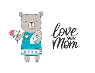 Funny and tired doodle vector mother bear with her little kid. Happy mothers day illustration for gift cards, fashion, presents and others