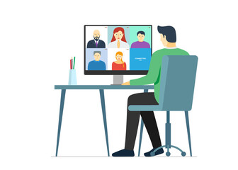 Man using computer with people group on screen taking part online conference. Home work meeting and distance education webinar or videoconference. Video conferencing and remote web communication
