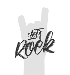 Vector Handwritten brush type lettering of Let's Rock on Heavy metal hand gesture background