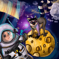 Baby boy, space illustration with funny boys astronaut and his lemur. Postcard