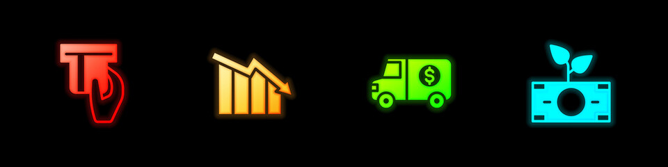 Set Credit card inserted, Financial growth decrease, Armored truck and Money plant the pot icon. Vector