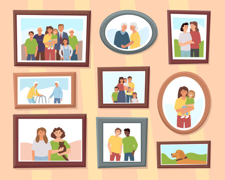 Various framed portraits of family and friends hang on the wall. Diverse moments of life: holidays with relatives, meetings, friendship, old age, love, pet, children.