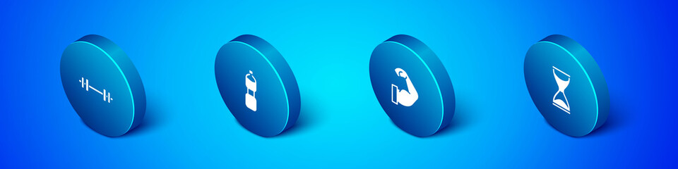 Set Isometric Barbell, Bodybuilder muscle, Old hourglass and Bottle of water icon. Vector