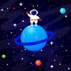 Astronaut standing on a planet in space. Vector cute cartoon illustration.