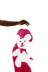 Offended kid. Silhouette portrait. Child abuse. Empathy love. Conceptual art. Red drawing contour of little boy white teddy bear and adult person hand under head isolated on white double exposure.