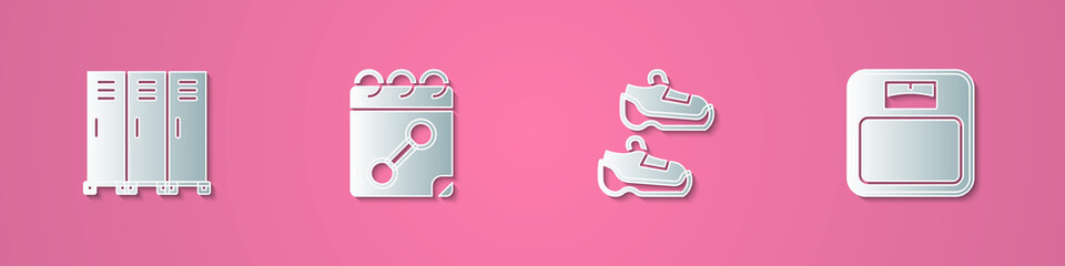 Set paper cut Locker or changing room, Calendar fitness, Sport sneakers and Bathroom scales icon. Paper art style. Vector