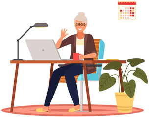 Old people play video game. Senior people with different gadgets. Oldster education on computer