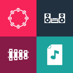 Set pop art Music book with note, Xylophone, Home stereo and Tambourine icon. Vector