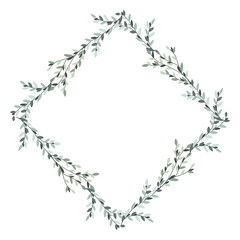 Eucalyptus herbal frame. Rustic twig wreath wedding illustration. Greeting card ornament template. Botanical romantic graphic element.