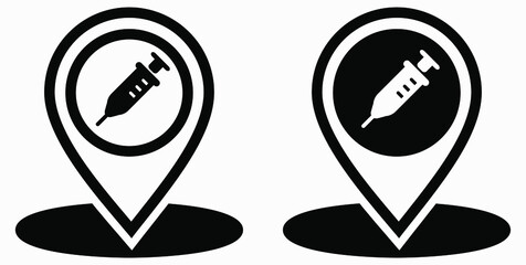 Syringe and location icon. Vaccination sign. The location of the hospital. Vector icon.