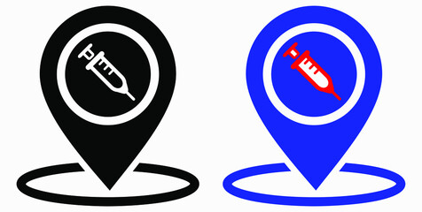 Syringe and location icon. Vaccination sign. The location of the hospital. Vector icon.