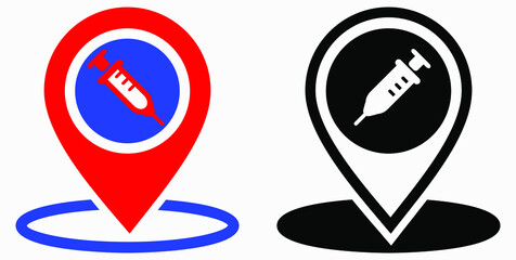 Syringe and location icon. Vaccination sign. The location of the hospital. Vector icon.