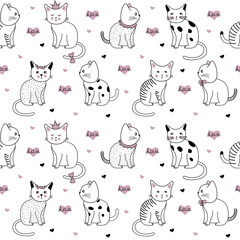 Seamless pattern with funny hand drawn cats. Animals vector illustration with adorable kittens. Tillable background for your fabric, textile design, wrapping paper or wallpaper