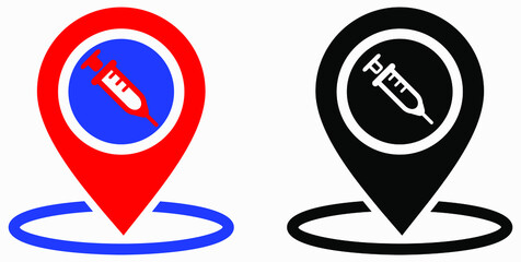 Syringe and location icon. Vaccination sign. The location of the hospital. Vector icon.