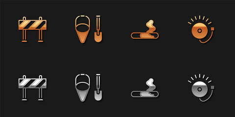 Set Road barrier, Fire shovel and bucket, Cigarette and Ringing alarm bell icon. Vector