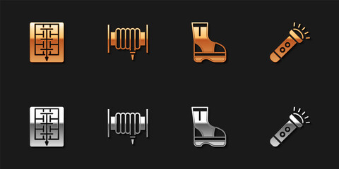Set Evacuation plan, Fire hose reel, boots and Flashlight icon. Vector