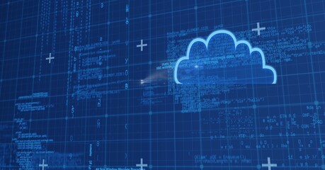 Blue cloud icon over blue grid lines and data processing background