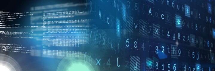 Computer code processing over blue background, technology, programming, and computer coding concept