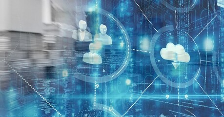 Profiles and cloud storage icons, data processing, over warehouse, technology and delivery concept