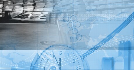 Clock face over warehouse and delivery packages background, delivery and time concept