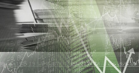 Financial data and statistics graphs processing over warehouse, finance and delivery concept