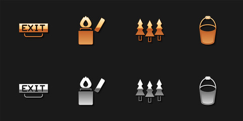 Set Fire exit, Lighter, Forest and bucket icon. Vector