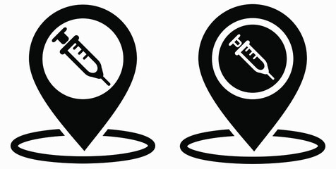 Syringe and location icon. Vaccination sign. The location of the hospital. Vector icon.
