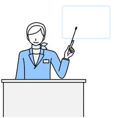 指し棒で示して説明をしている女性