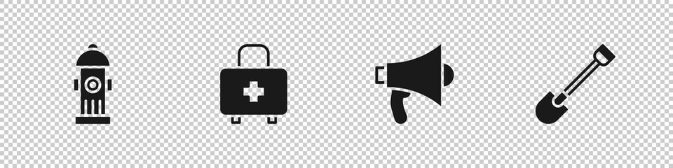 Obraz premium Set Fire hydrant, First aid kit, Megaphone and shovel icon. Vector