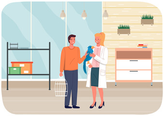 Veterinary care, treatment of parrots. Veterinarian wooman talking to owner with ara parrot © robu_s