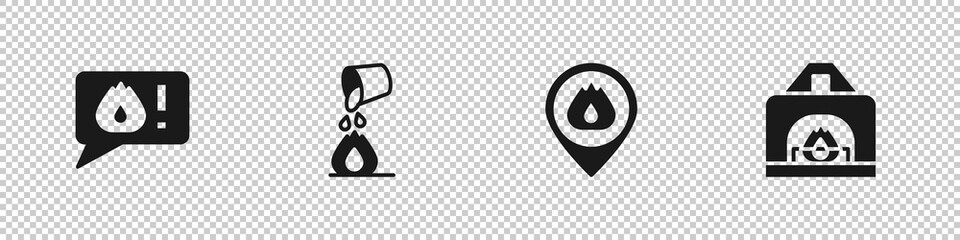Set Telephone call 911, Bucket extinguishing fire, Location with flame and Interior fireplace icon. Vector