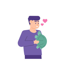 a man who loves turtles. holding or hugging a turtle. animal lover. turtle lover. flat style. vector design