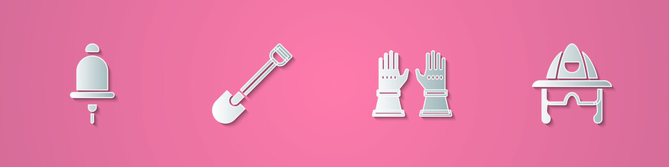Set paper cut Ringing alarm bell, Fire shovel, Firefighter gloves and helmet icon. Paper art style. Vector