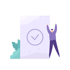 a concept is approved or accepted. illustration of a boy who is happy because it has been verified. was successful. get tick. flat style. vector design