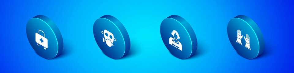 Set Isometric First aid kit, Firefighter, gloves and Gas mask icon. Vector