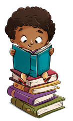 African American boy reading on a pile of books - 427453520