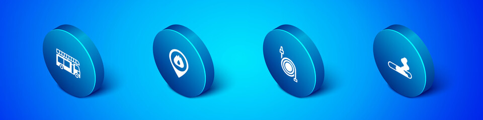 Set Isometric Fire truck, hose reel, Cigarette and Location with fire flame icon. Vector
