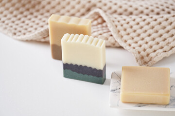 Organic handmade soap with natural ingredients and natural muslin towel. Spa at your home. Front...