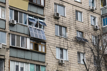 The solar battery panels mounted on the balcony of an apartment building in Kyiv, Ukraine. April 2021