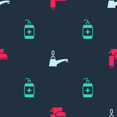 Set Toilet bowl, Water tap and Hand sanitizer bottle on seamless pattern. Vector