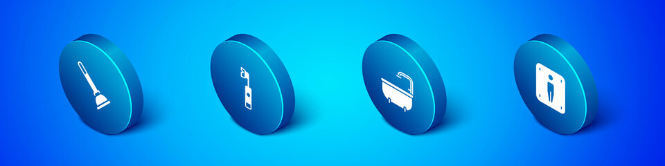 Set Isometric Rubber plunger, Bathtub, Male toilet and Electric toothbrush icon. Vector
