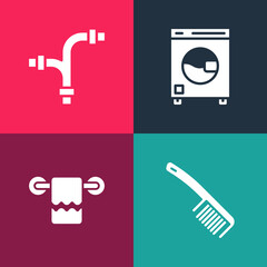 Set pop art Hairbrush, Towel on hanger, Washer and Industry metallic pipe icon. Vector