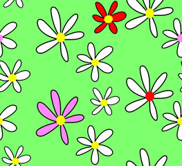 Abstract Hand Drawing Doodle Daisy Flowers Repeating Vector Pattern Isolated Background 