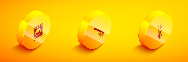 Set Isometric Washer, Hairbrush and Towel on hanger icon. Vector
