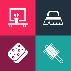 Set pop art Hairbrush, Sponge, Brush for cleaning and Washbasin mirror icon. Vector