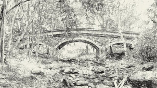 art drawing black and white of bridge in forest