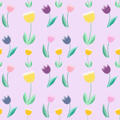 Seamless pattern, tulips on a light background, pastel, paper texture.