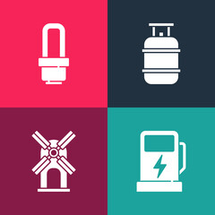 Set pop art Electric car charging station, Wind turbine, Propane gas tank and LED light bulb icon. Vector