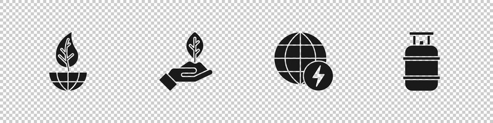 Set Earth globe and leaf, Plant in hand, Global energy power planet and Propane gas tank icon. Vector