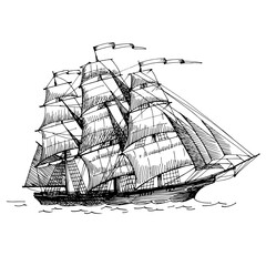 Old caravel, vintage sailboat. Hand drawn sketch.